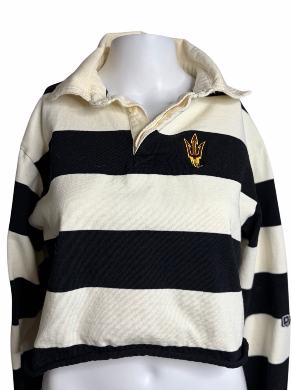 Hype and Vice Striped Rugby Pullover with ASU fork Logo Black & Cream Medium